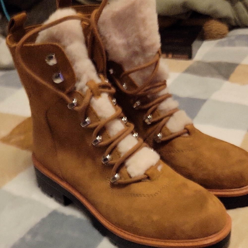 Cream and Tan Winter Boots with Sturdy Soles and Ankle Support